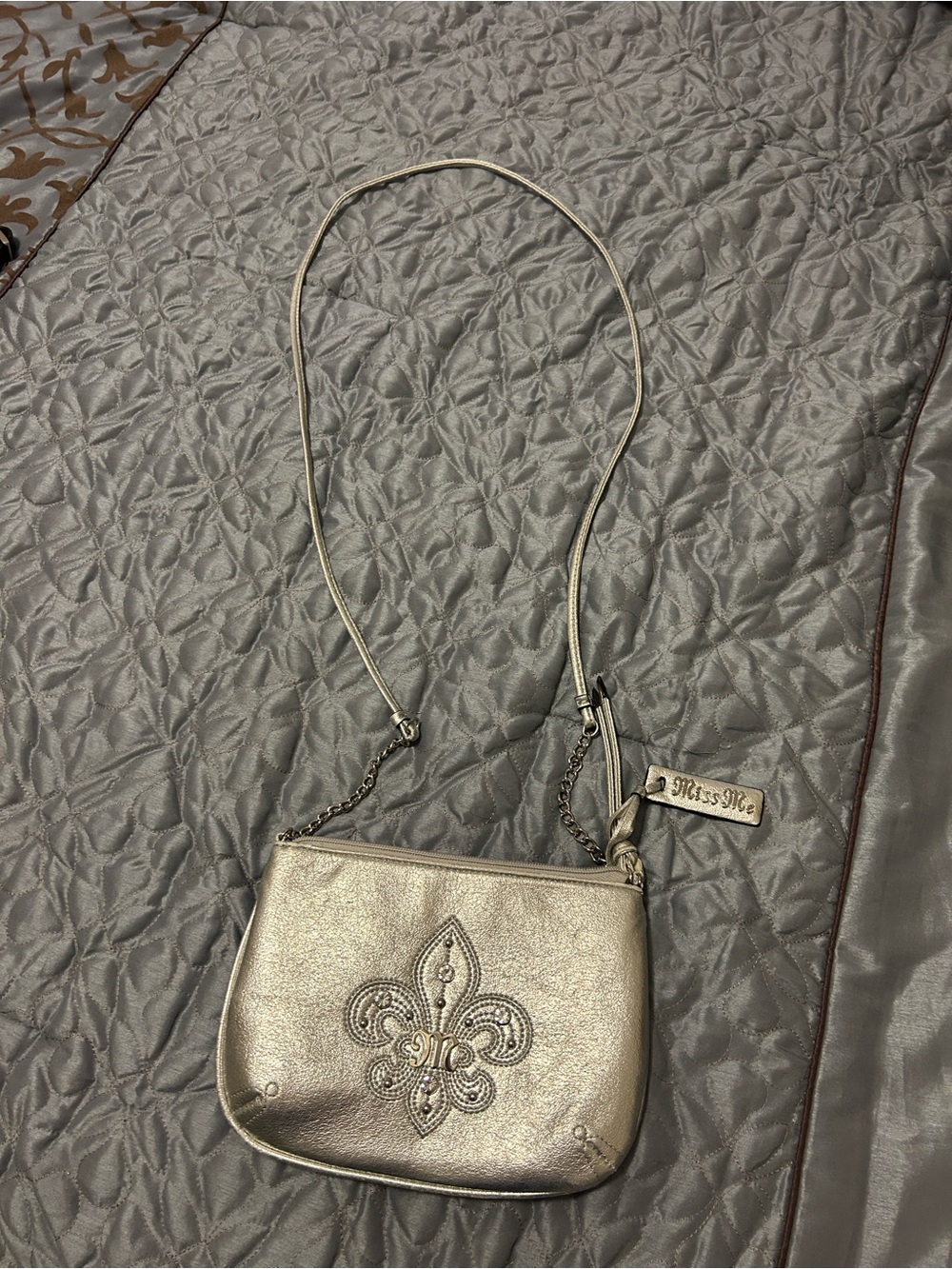 Miss Me Metallic Gold Fleur-de-Lis Crossbody Purse